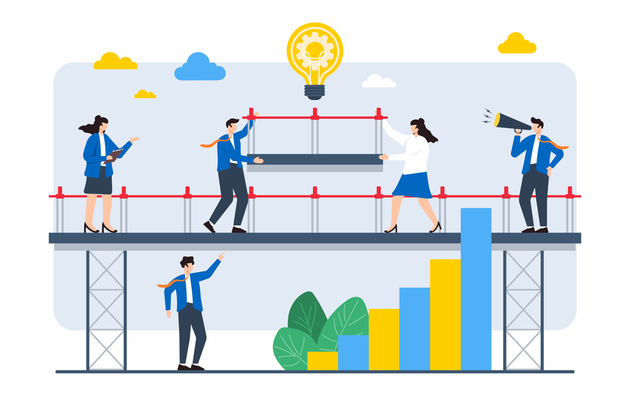 Flat illustration of team members constructing bridge to connect two business goals